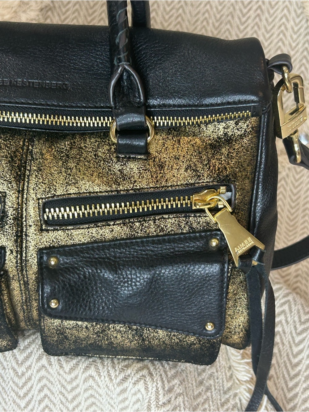 Aimee Kestenberg Black Leather Satchel with Gold Metallic Detail - Picture 3 of 12